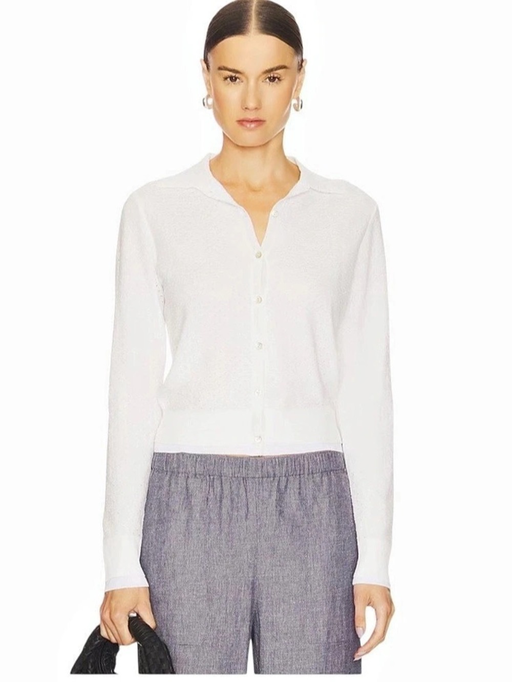 Vince Double Layer Mesh Caridigan in Optic White Button Down Rib Knit Trim Sz M